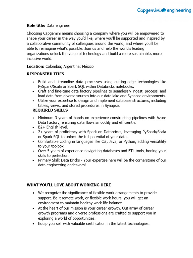 Data Engineer Role at Capgemini | PDF | Apache Spark | Data