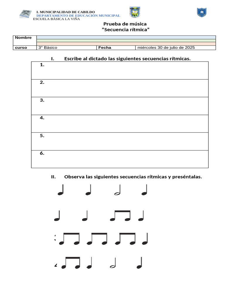 Prueba de Música: Secuencias Rítmicas 3° Básico | PDF