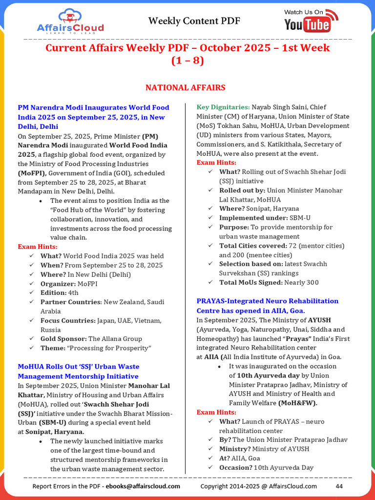 Current Affairs: October 2025 Highlights | PDF | Government Of India