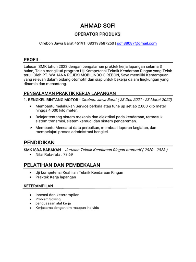 Profil Ahmad Sofi, Operator Produksi | PDF