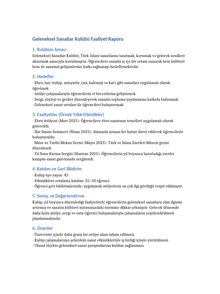 Geleneksel Sanatlar Kulubu Raporu | PDF