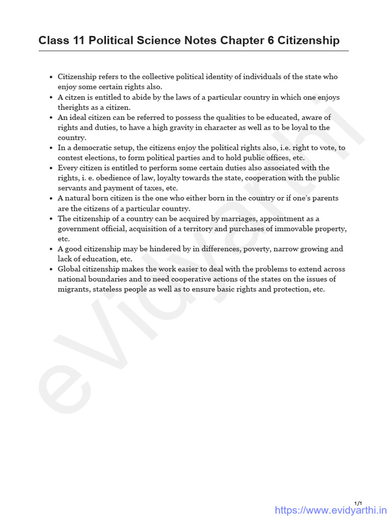 Class 11 Political Science: Citizenship Notes | PDF