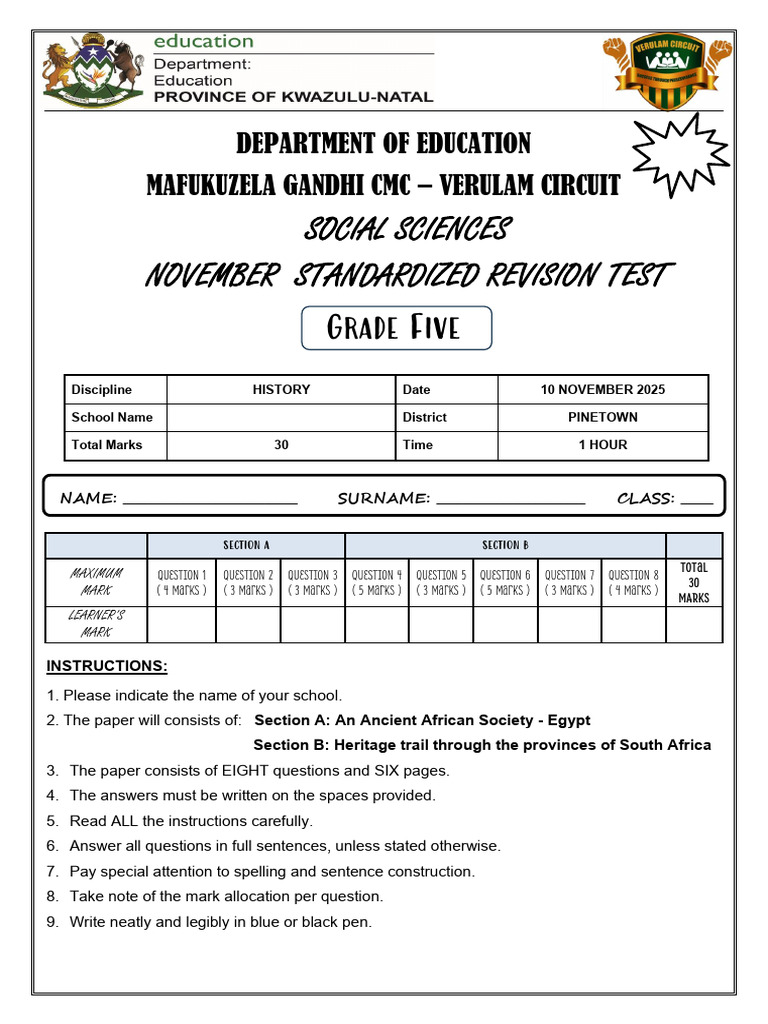 Ancient Egypt: Grade 5 History Test | PDF | Ancient Egypt