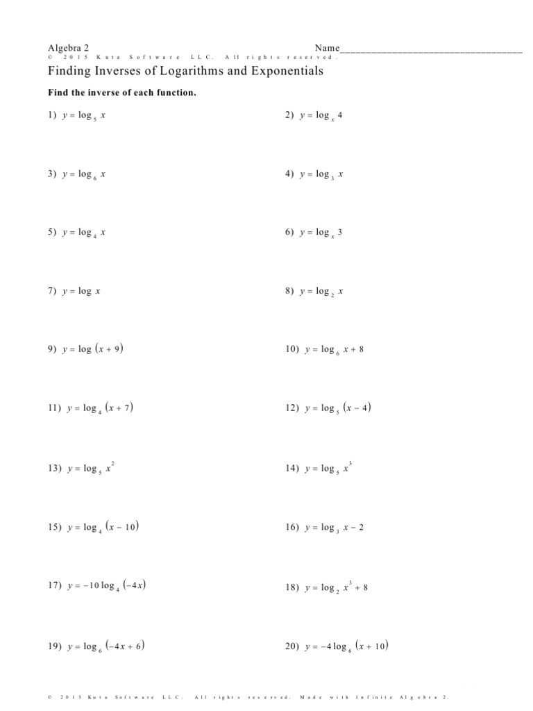 Inverses of Logarithmic Functions Worksheet | PDF | Logarithm | Number ...