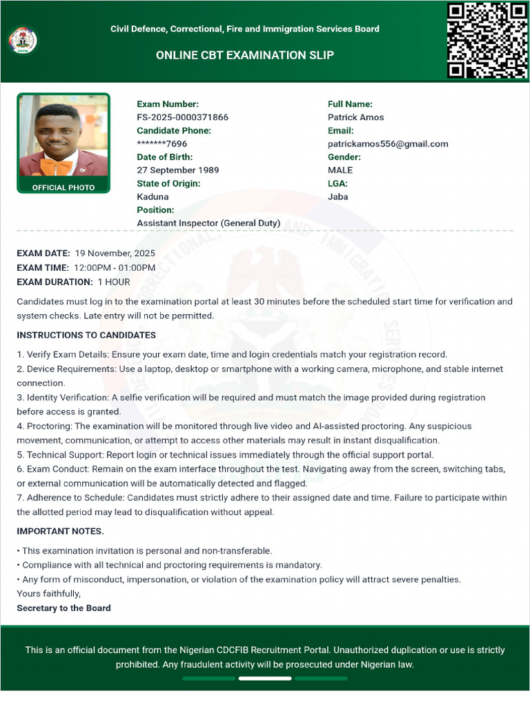 PATRICK AMOS Application Slip | PDF