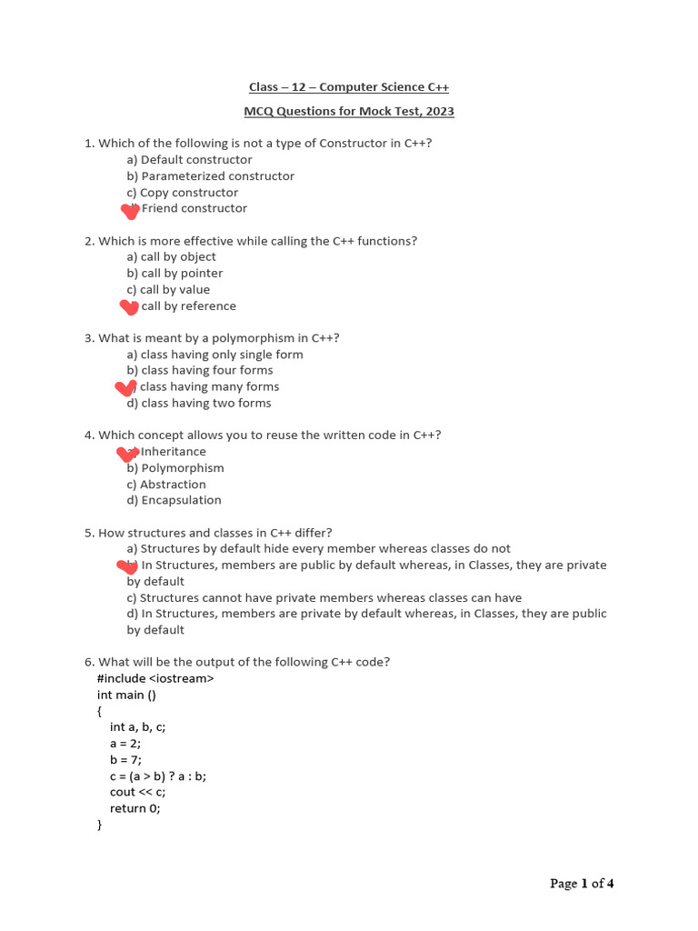 Mock Test MCQ C++ XII | PDF | Class (Computer Programming ...
