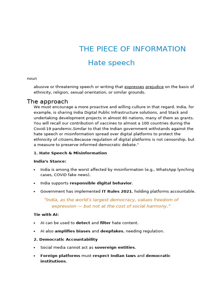 India's Approach to Hate Speech Regulation | PDF | Freedom Of Speech ...