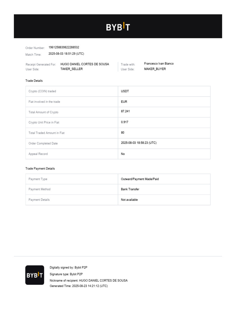 Crypto Trade Receipt: Bybit P2P Details | PDF