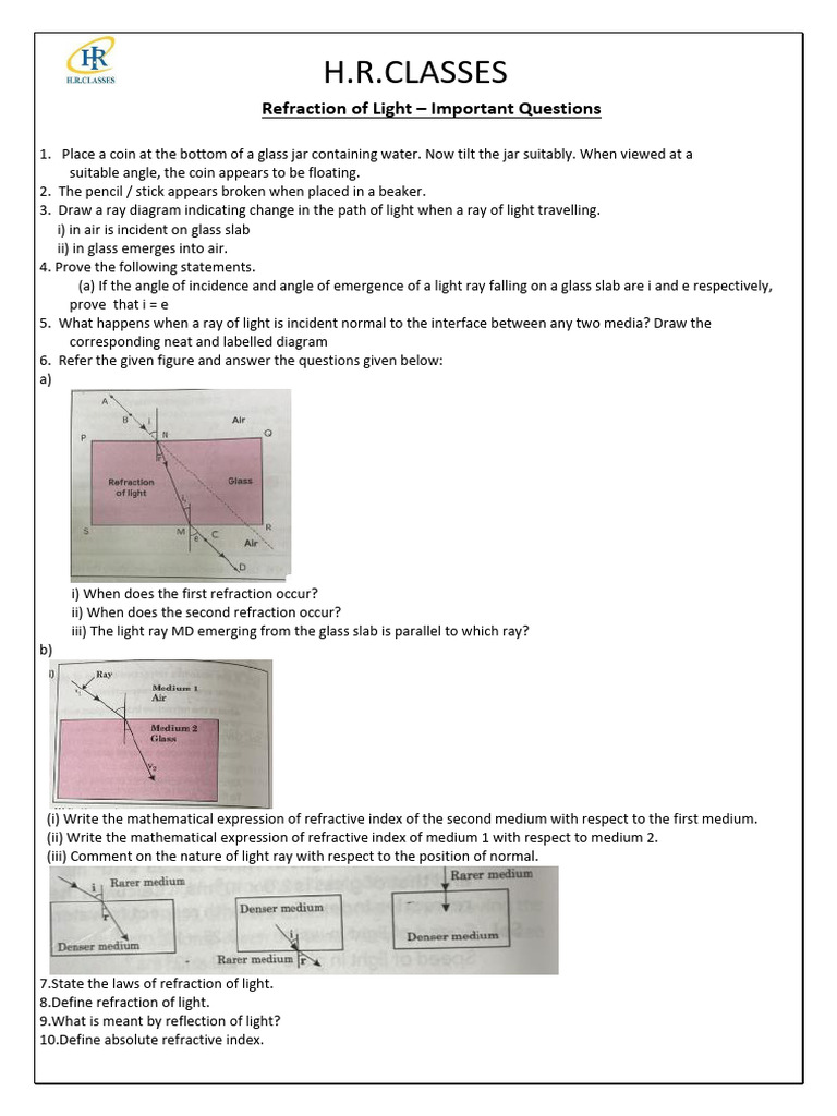 Important Questions on Light Refraction | PDF | Dispersion (Optics ...