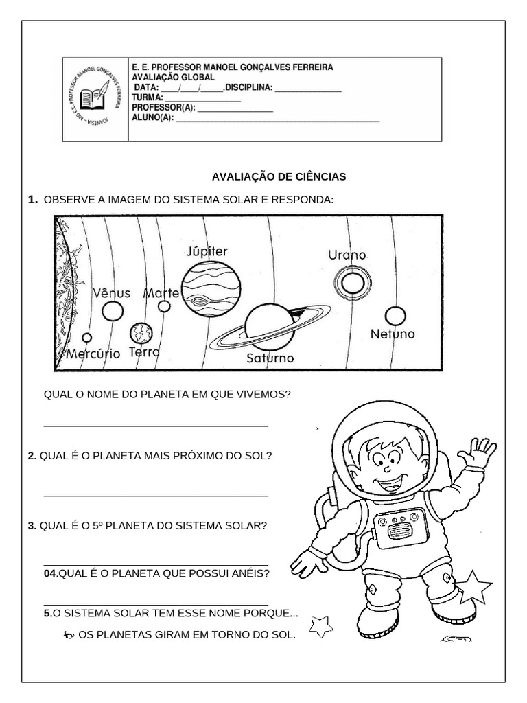 Prova de Ciências: Sistema Solar 3º Ano | PDF