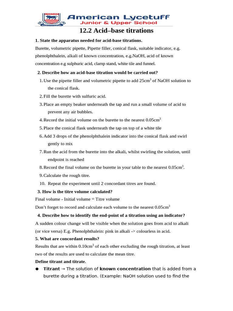 Acid Base Titration O1 Notes | PDF