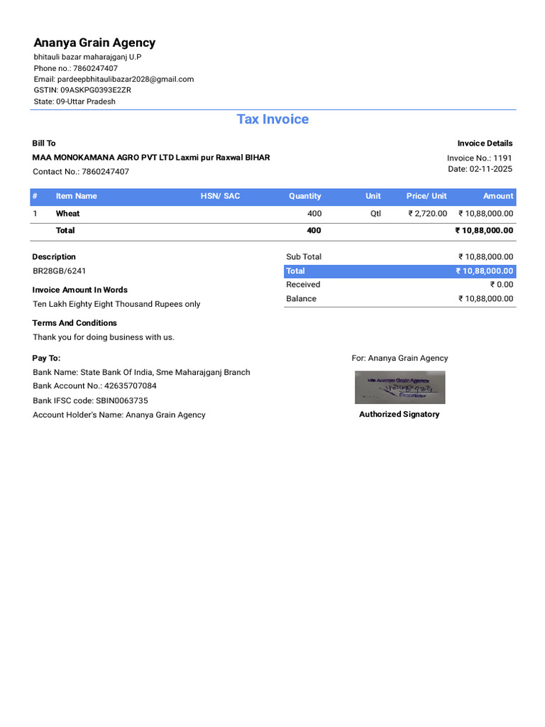 Tax Invoice for Wheat Sale - Ananya Grain Agency | PDF
