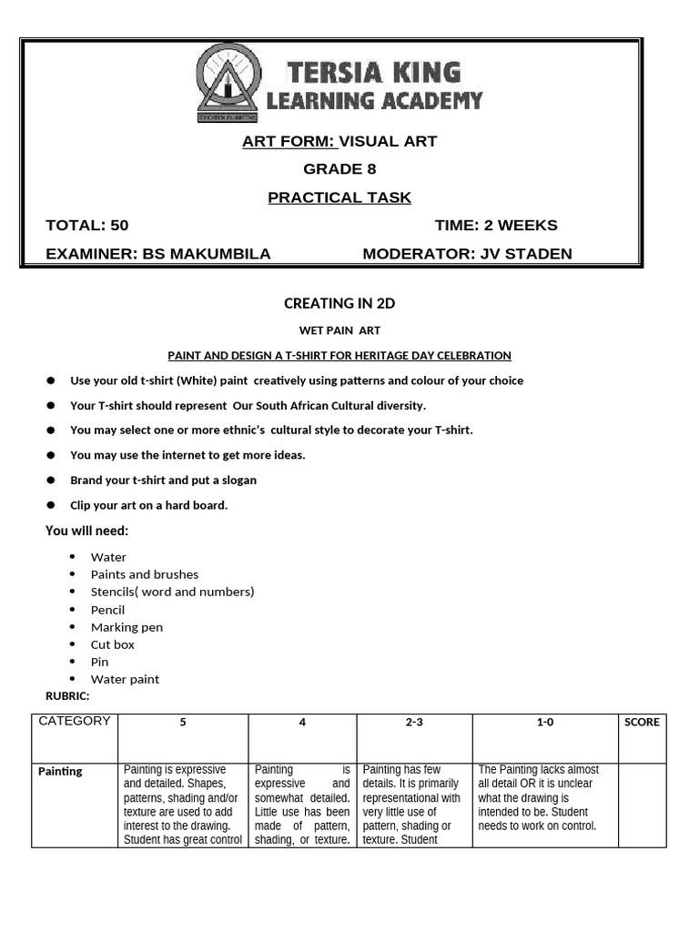 Formal Assessment Grade 8 Visual Art | PDF | Drawing | Paintings