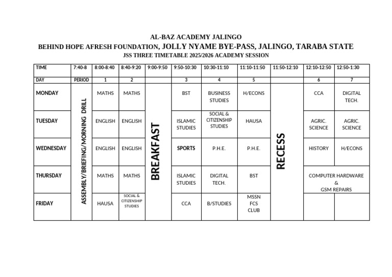 JSS Three Timetable 2025/2026 Jalingo | PDF