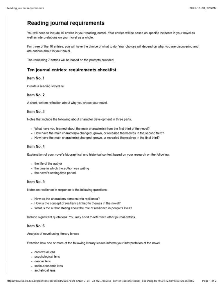 Reading Journal Entry Guidelines | PDF | Novels | Liberal Arts Education