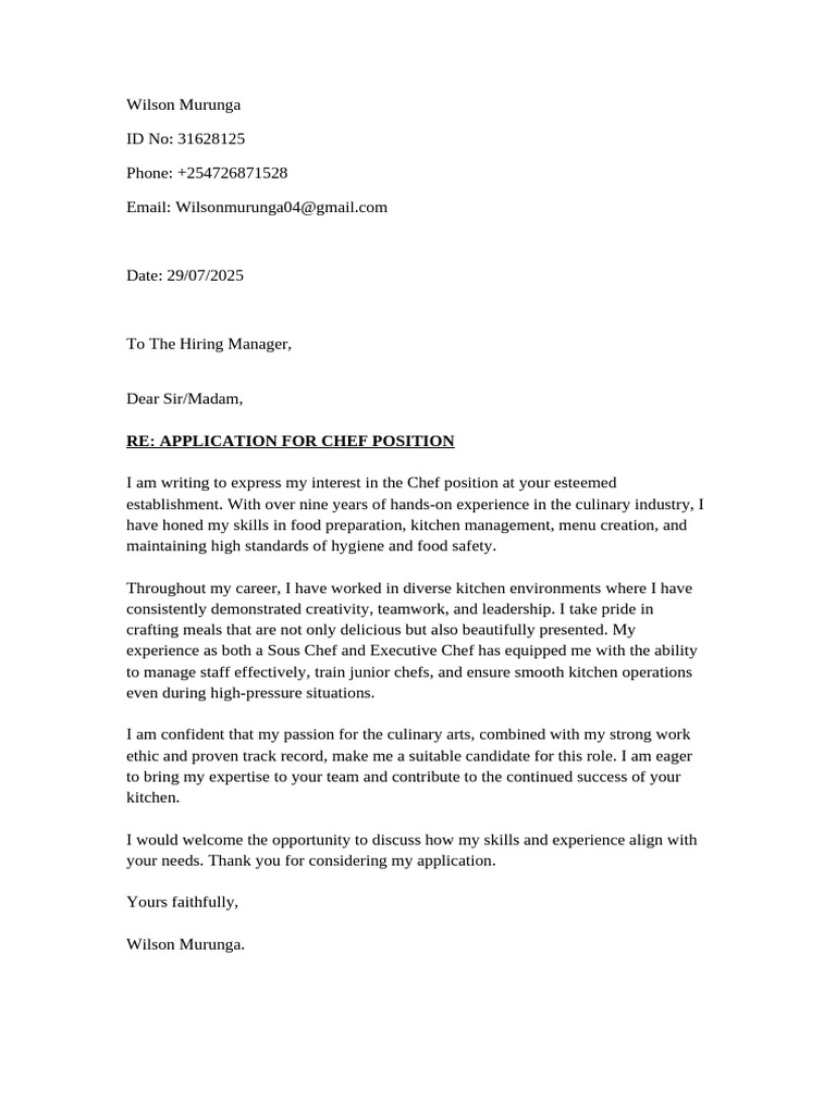 Chef Position Application by Wilson Murunga | PDF