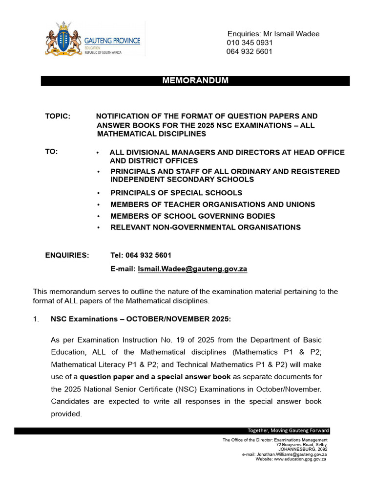 2025 NSC Math Exam Format Notification | PDF | Communication | Human ...