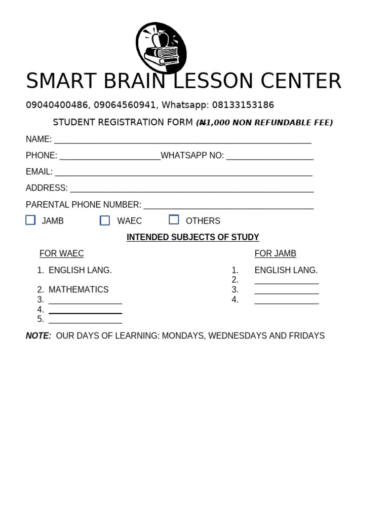 Student Registration Form for Smart Brain Center | PDF