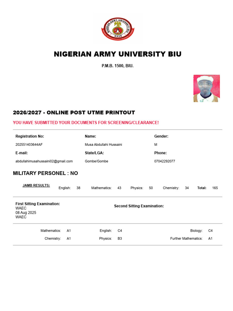 Nigerian Army University 2026/2027 Post UTME | PDF
