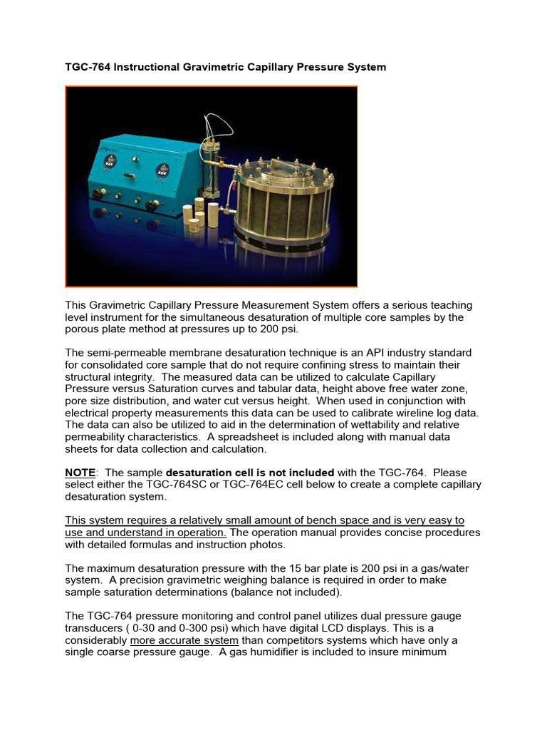 TGC-764 Capillary Pressure System | PDF | Pressure Measurement | Pressure