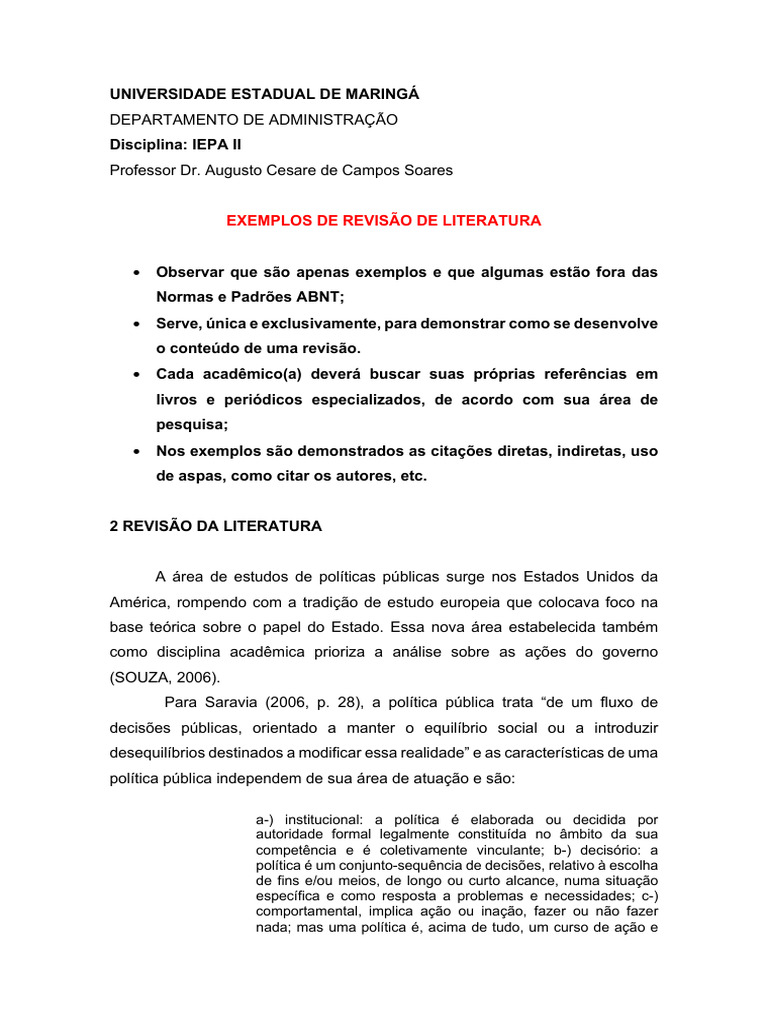 Exemplos de Revisão de Literatura em Políticas Públicas | PDF ...