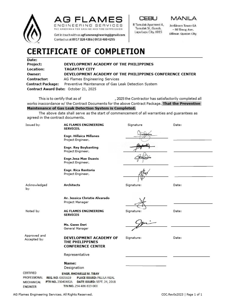 Certificate of Completion for Gas Leak System | PDF