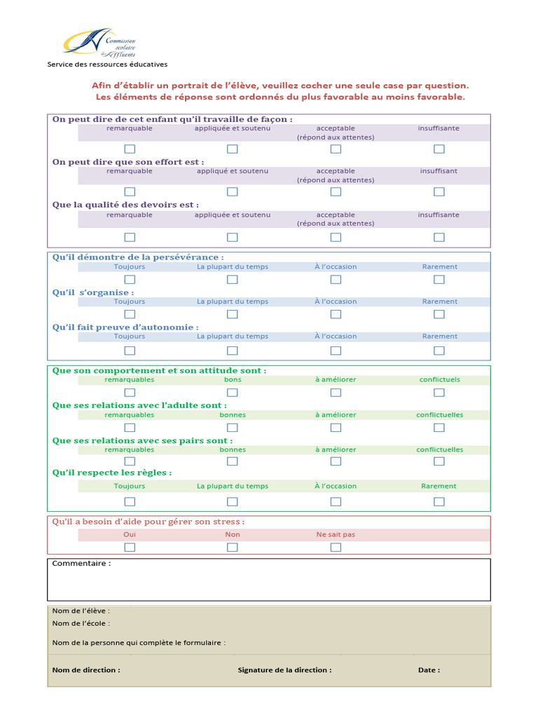 Évaluation du comportement et des compétences élèves | PDF