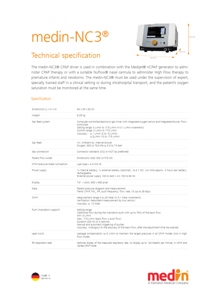 Medin-NC3® CPAP Driver Specifications | PDF | Breathing | Respiration
