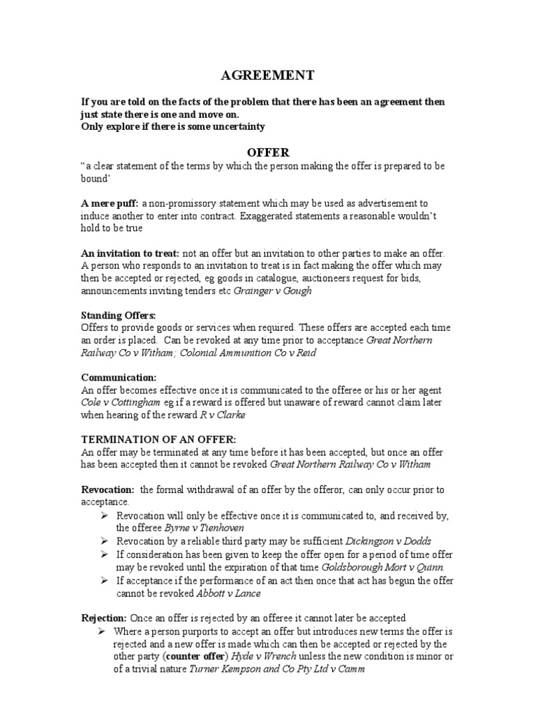 Contracts Summary | PDF | Contractual Term | Offer And Acceptance