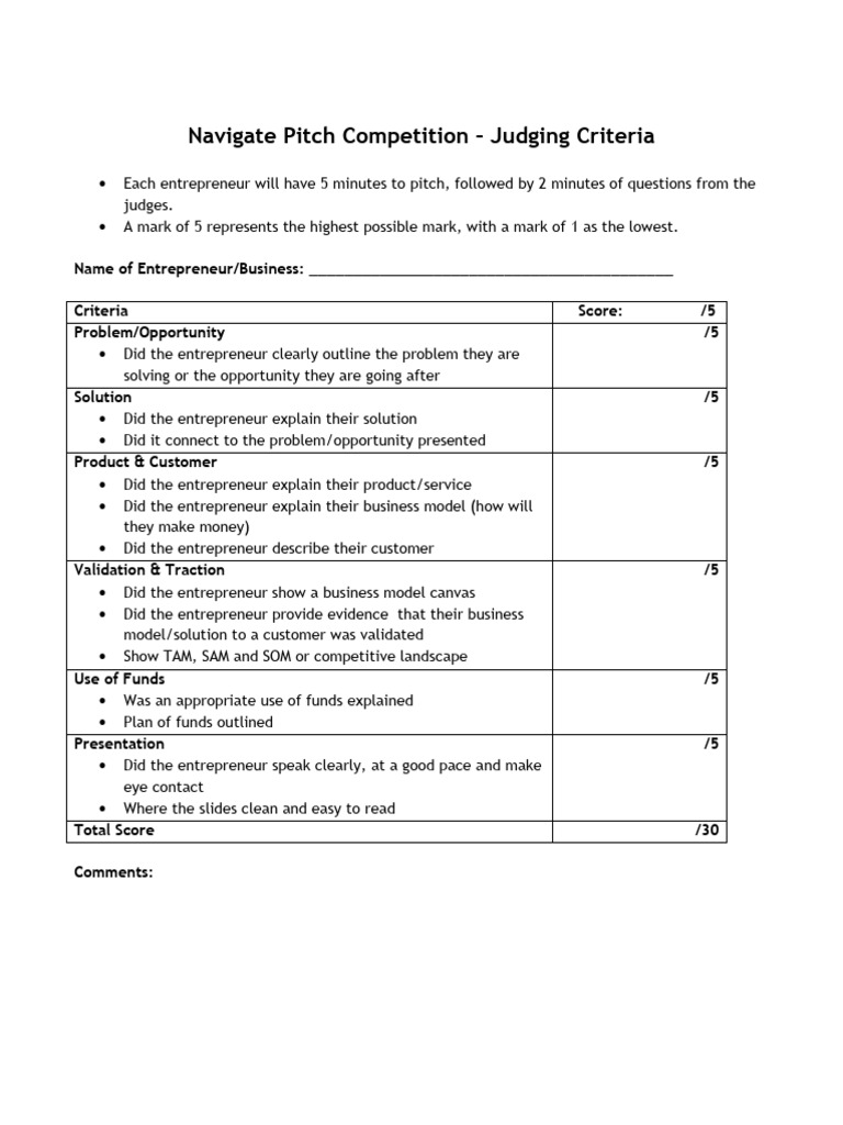 Pitch Competition Judging Criteria Guide | PDF