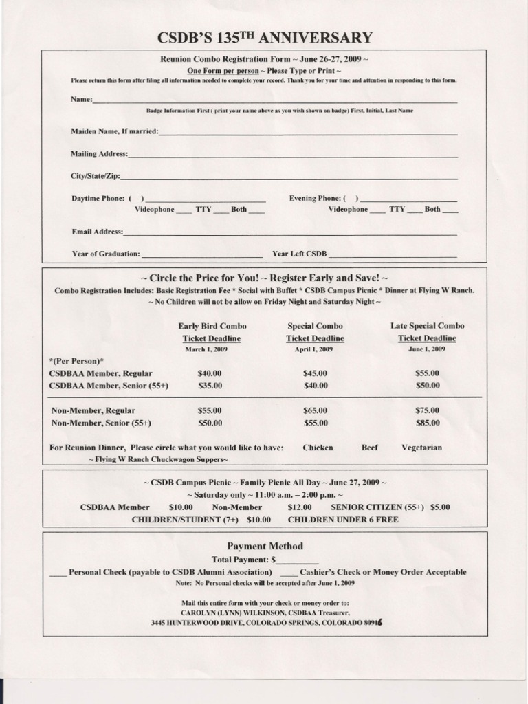 CSDB 135th Reunion Registration Form | PDF | Cheque | Payments
