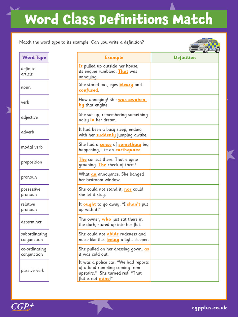 Word Classification Definitions Match Stretch (Years 5-6) Print | PDF ...