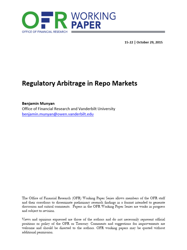 OFRwp 2015 22 Repo Arbitrage | PDF | Repurchase Agreement | Money ...
