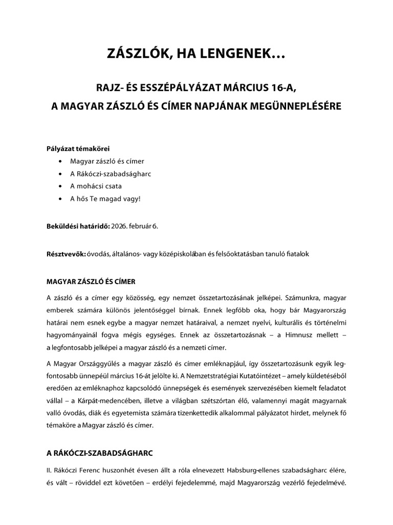 Magyar Zaszlo Es Cimer Rajz Es Esszepalyazat Palyazati Felhivas | PDF