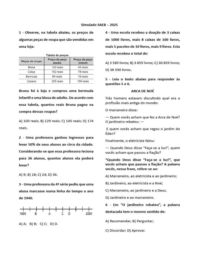 Simulado SAEB 2025: Questões e Respostas | PDF