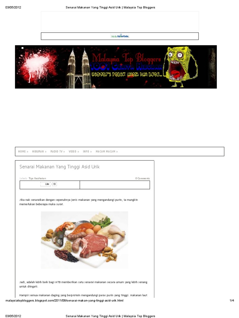 Senarai Makanan Yang Tinggi Asid Urik Malaysia Top Bloggers Pdf