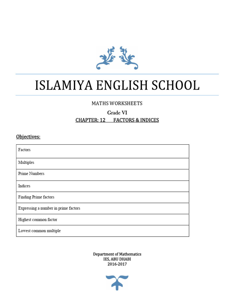 Grade VI Factors and Indices Worksheets | PDF | Prime Number | Mathematics