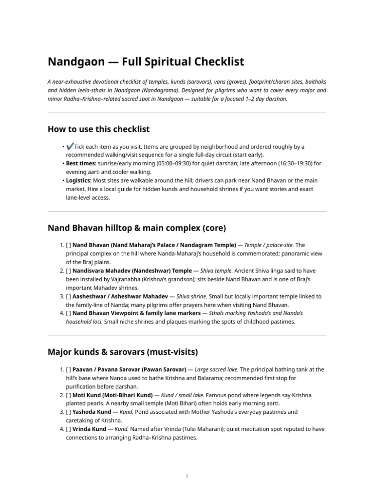 Nandgaon Full Spiritual Checklist | PDF | Indian Religions | Hindu Worship