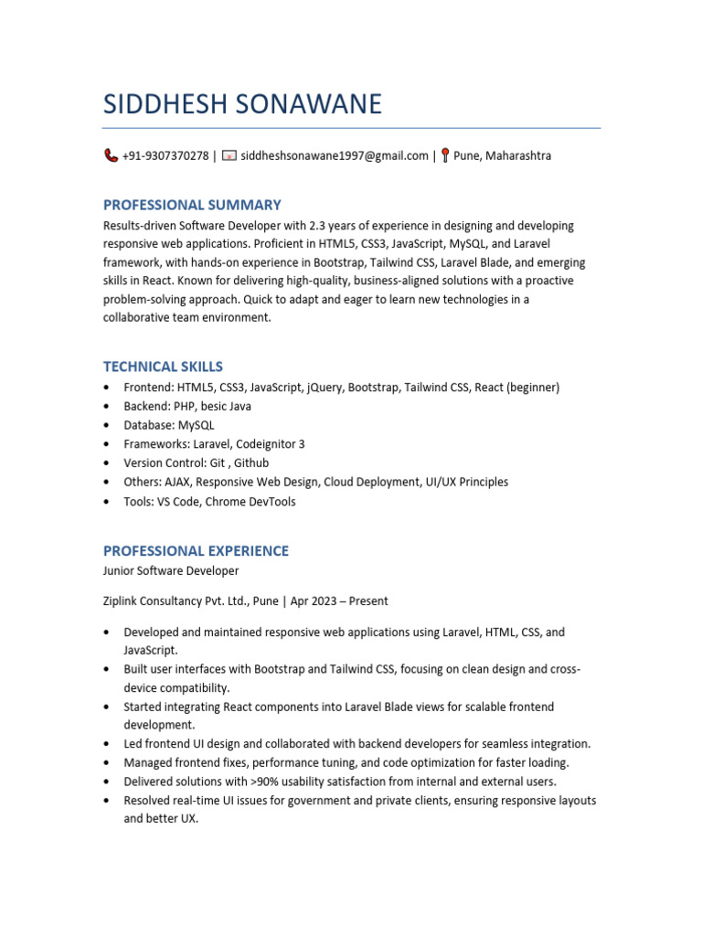 Software Developer Resume - Siddhesh Sonawane | PDF | Bootstrap (Front ...