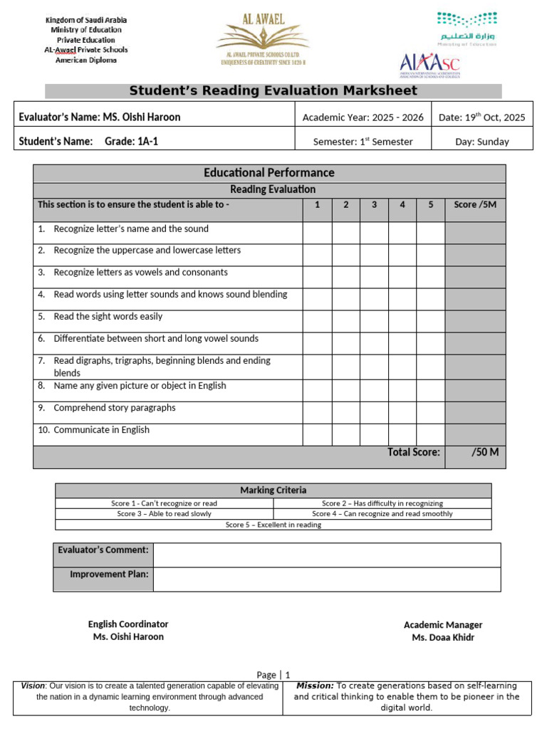 Grade 1 Reading Evaluation Marksheet | PDF | Orthography | Linguistics