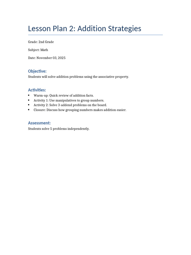Lesson Plan 2 Addition Strategies | PDF