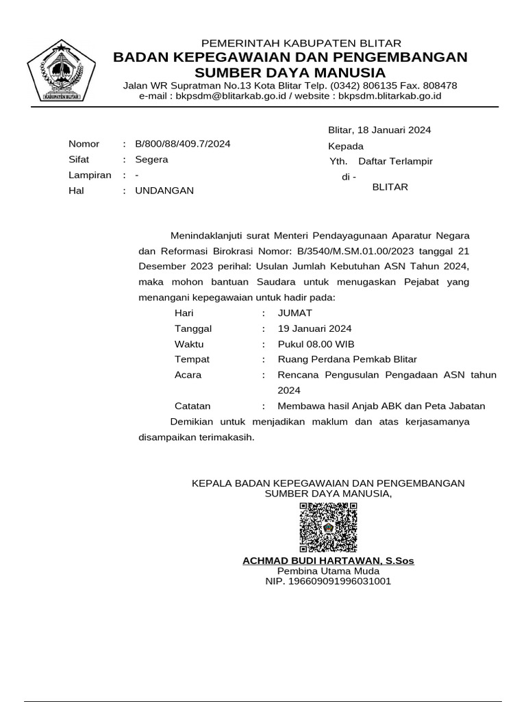 Undangan Pengadaan ASN 2024 Blitar | PDF