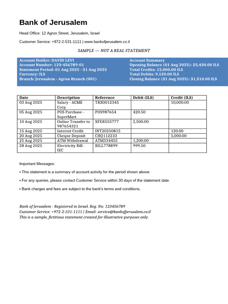 Bank of Jerusalem Sample Statement | PDF