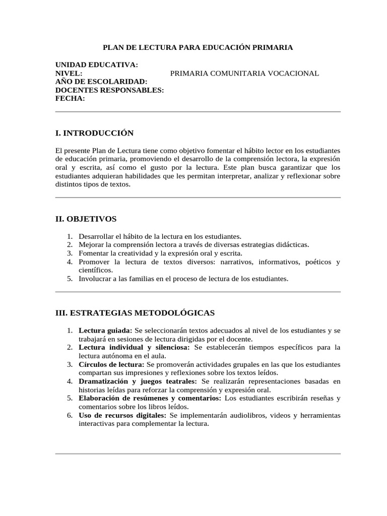 Plan de Lectura | PDF | Educación primaria | Comprensión lectora