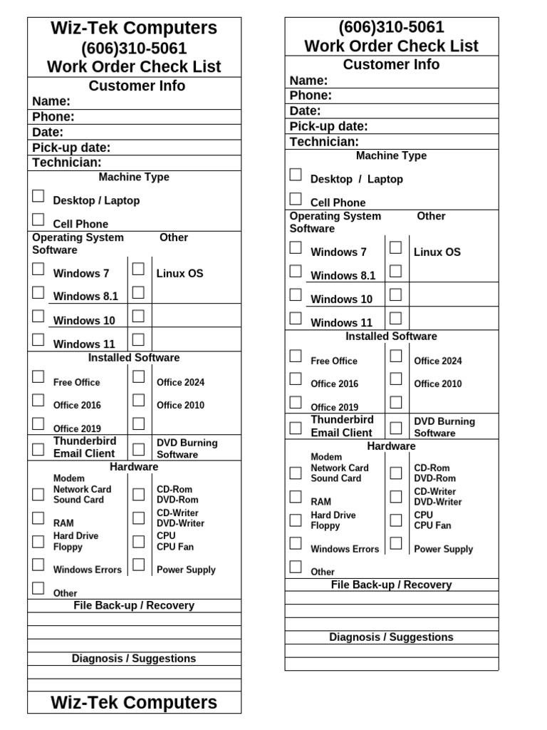 Wiz-Tek Computers Work Order Checklist | PDF | Operating System ...