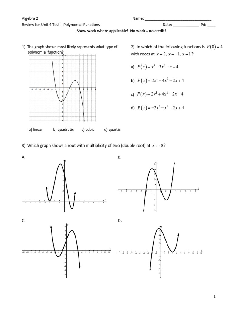 Algebra 2 Polynomial Functions Review | PDF | Factorization | Zero Of A ...