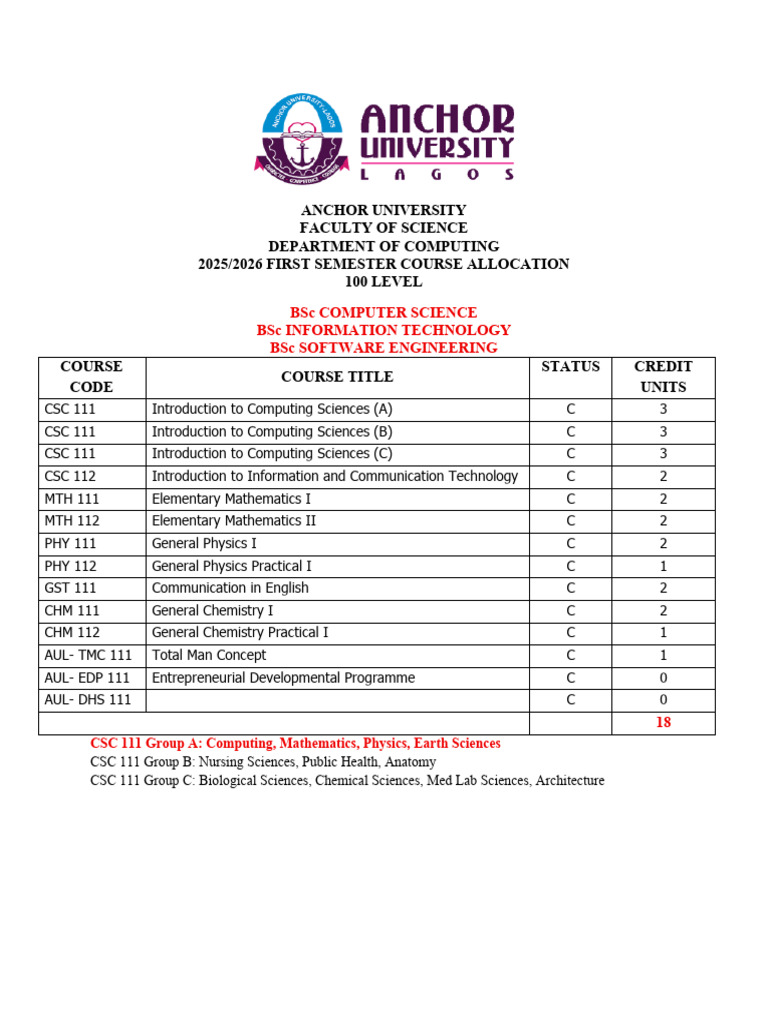 2025/2026 Course Allocation for Computing | PDF