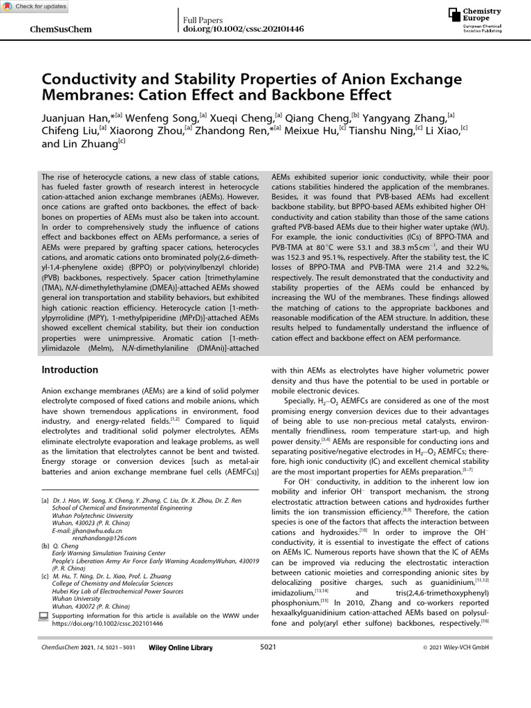 Anion Exchange Membranes: Cation and Backbone Effects | PDF | Ion ...