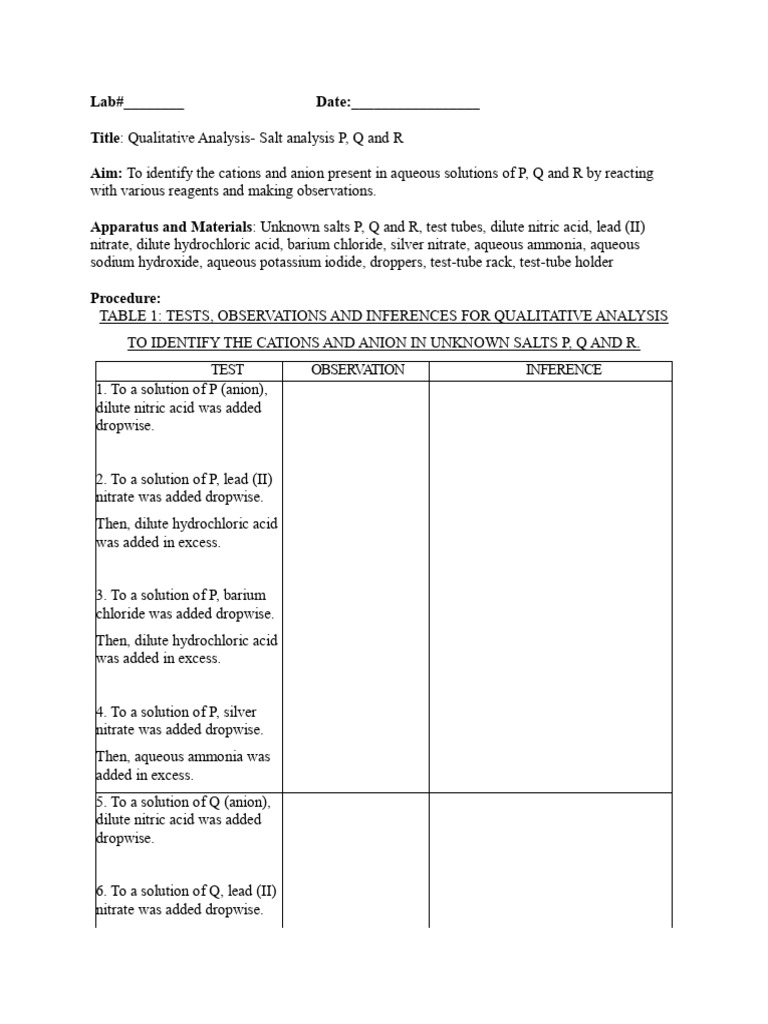 Qualitative Salt Analysis of P, Q, R | PDF | Acid | Sets Of Chemical ...