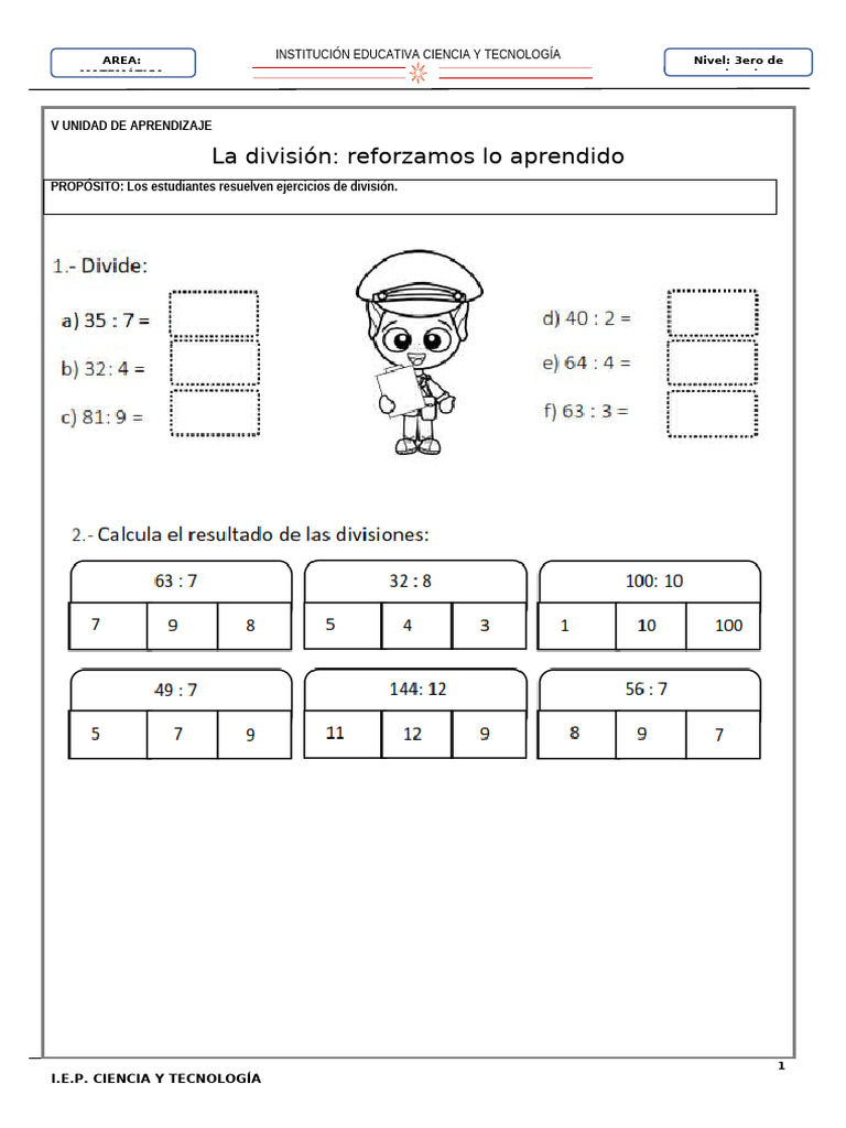 Ejercicios de División para 3ero Primaria | PDF